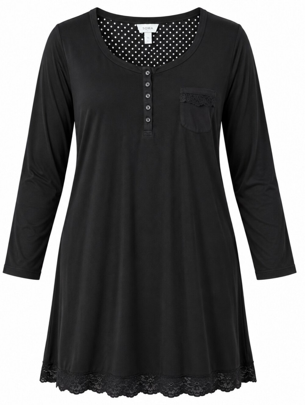 SOMA | Black Lace Trim Henley Nightshirt Cozy Rayon Sleep Lounge Dress | XL